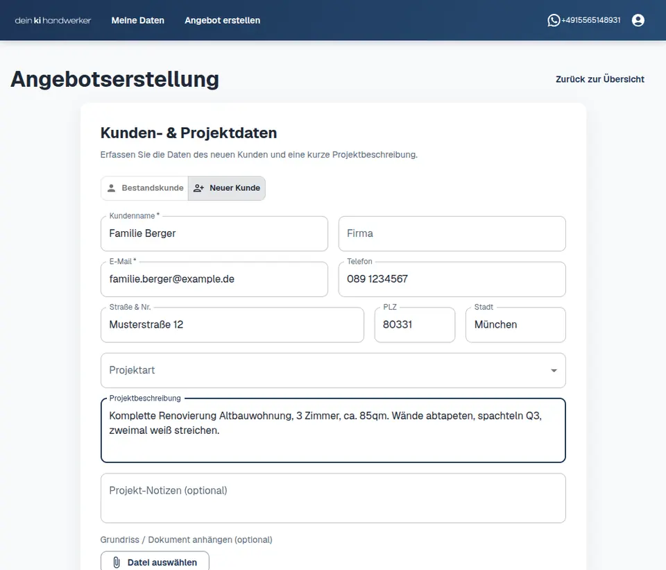 Screenshot: Kundendaten in der Dein KI Handwerker App erfassen